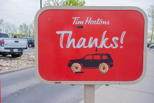 May 27 2026 - Calgary Alberta Canada - Tim Hortons drive thru sign