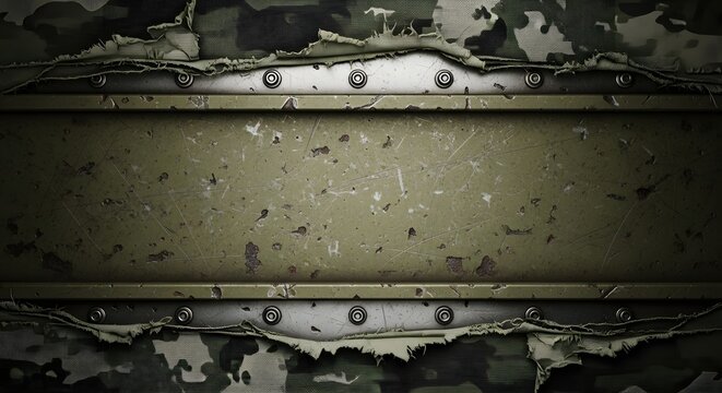 Weathered olive metal plate with camouflage fabric