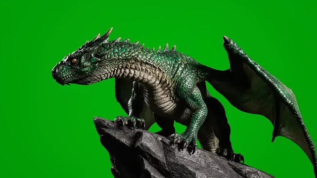 Green Screen Dragon Breathing Smoke on Rock.