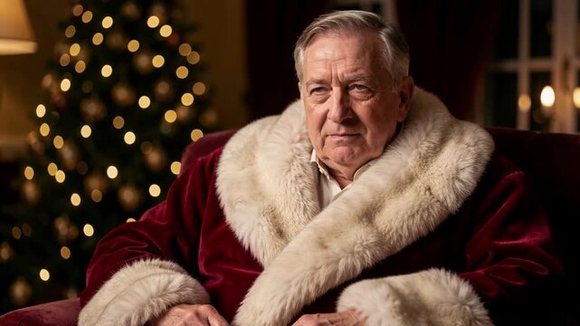 Distinguished Elderly Man in Fur-Lined Velvet Robe Sitting Indoors during Holiday Season Portrait