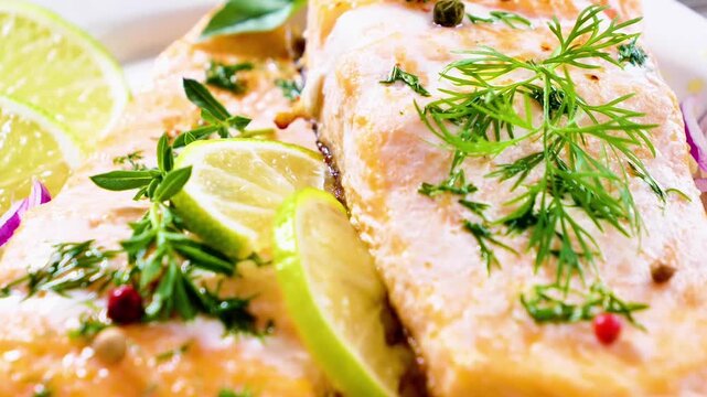 Baked salmon fillet with fresh lime slices dill and peppercorns