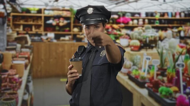 Woman police officer, blonde, holding takeaway coffee cup, points finger at viewer in a plant shop filled with pots and succulents; playful confidence.