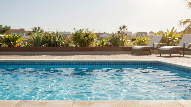 Summer Vacation Resort Pool Deck Morning Light with Copy Space Background