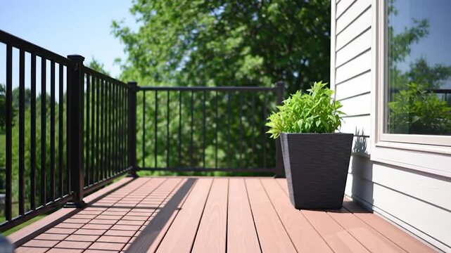 Modern residential deck with composite flooring black metal railing and potted green plant on a sunny day