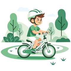 Fototapeta premium Little Boy Wearing Helmet Riding Bicycle in Green Park Flat Cartoon Illustration