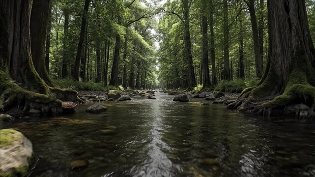 Lush green forest river flowing over mossy rocks on a sunny day, deep within natural wilderness, untouched beauty of nature August 9 is the International Day of the World's Indigenous Peoples.