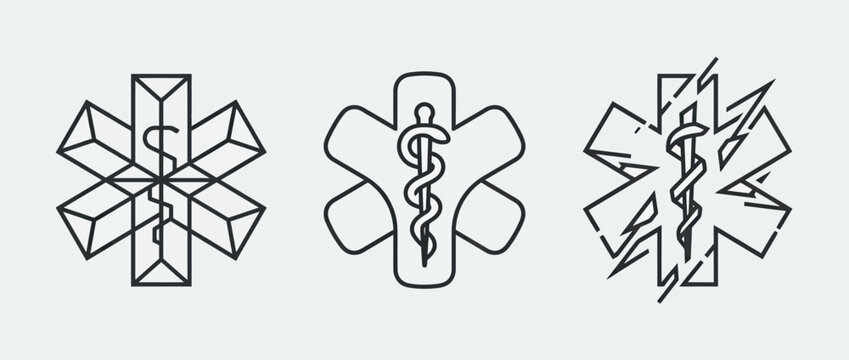 Three medical symbols line art with star of life and caduceus