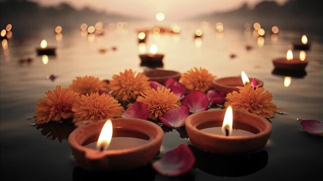 Floating illuminated clay lamps and colorful flower petals on tranquil water at golden sunset, peaceful, symbolic glow for national celebration and freedom August 15 India's Independence Day.