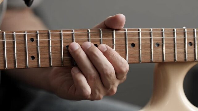 Close-up shot of person left hand pressing strings on fretboard of electric guitar, fingers forming chord, playing musical instrument, guitar performance, hobby of music, August 13 is International Le
