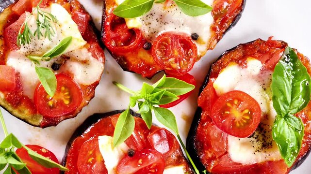 Baked eggplant slices topped with melted mozzarella cherry tomatoes and fresh basil