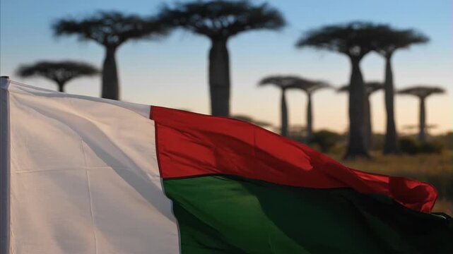 Madagascar national flag waving in gentle breeze, colors white, red, green, iconic baobab trees silhouetted against beautiful sunset sky, background, symbolizing nature, patriotism, Madagascar Indepen