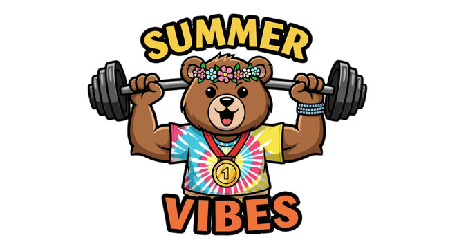 Cute Bear Lifting Weights in Colorful Summer Tie Dye Attire.