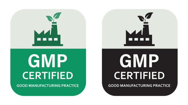 GMP Certified Good Manufacturing Practice Eco Friendly Green Sticker Set, Quality Assurance Manufacturing Plant Factory Icon Vector Illustration