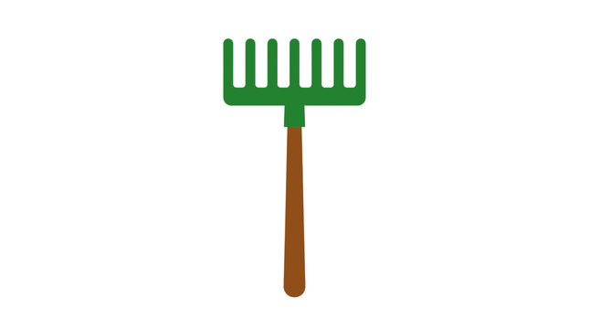 Colorful flat icon of a green metal garden rake