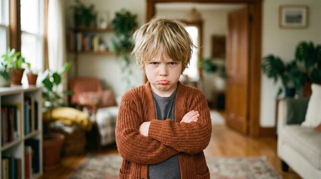 Upset young boy with messy hair standing with arms crossed frustrated stubborn portrait expression displeased