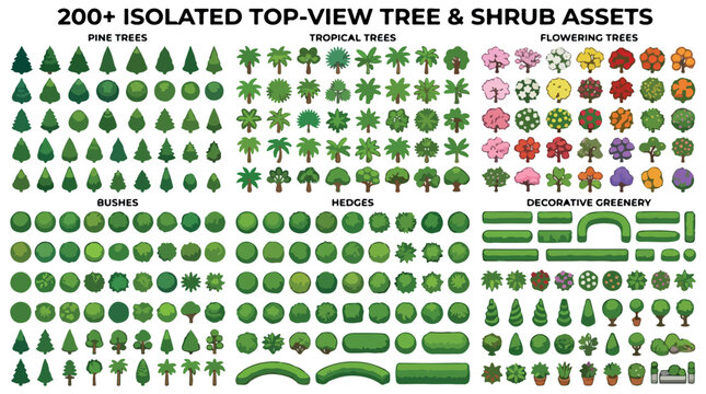 Top-view tree and shrub assets collection, 200 plus isolated landscape vector elements, architectural plan greenery symbols for site mapping