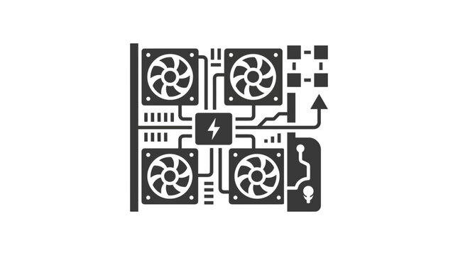 Cryptocurrency mining rig hardware with cooling fans icon.