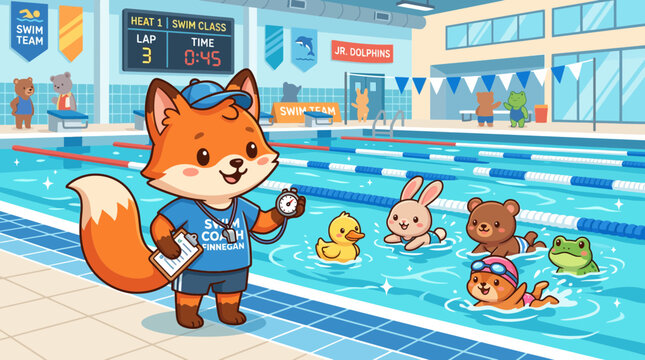 Cute Fox Coach with Animal Kids Swimming Class