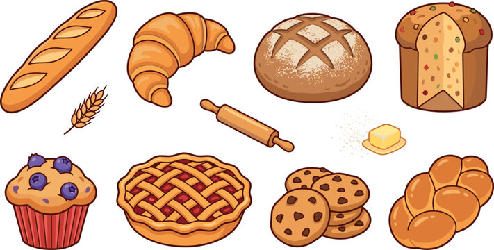 Fresh Bakery and Bread Vector Icon Set with French Baguette, Croissant, Wheat Loaf, Panettone, Blueberry Muffin, Lattice Pie, Cookies, and Challah