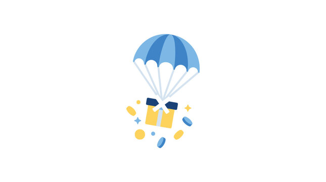 Cryptocurrency airdrop concept with parachute gift box and coins.