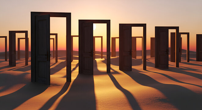 Desert Sunset with Open Doorways, Concept of Choices