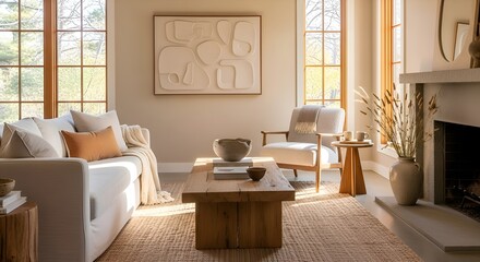 Fototapeta premium Cozy living room interior with natural light and minimalist decor