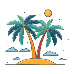 Fototapeta premium Two palm trees on a small island with sun and clouds