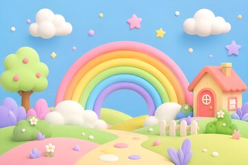 Naklejka premium Cute Rainbow Landscape with House and Clouds in Pastel 3D Style