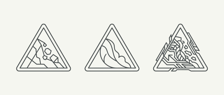 Three line art danger warning symbols showing landslide rocks and falling debris on white background