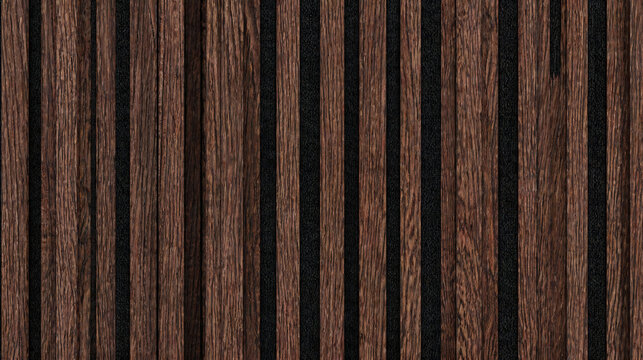 Acoustic wooden wall panels pattern seamless dark oak timber textures for interior design.