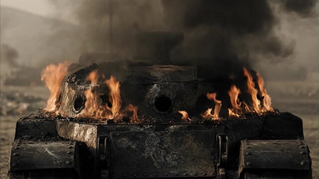 Destroyed military tank burning fiercely with thick smoke rising from turret on desolate battlefield, aftermath of intense combat, abandoned war machine wreckage.