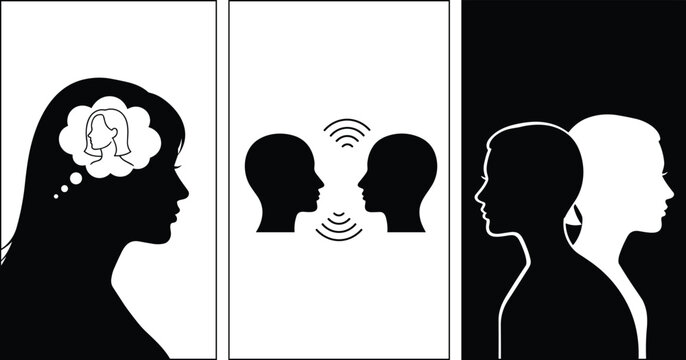 Psychology and human communication concept illustration set featuring interpersonal connection empathy self reflection and active listening silhouettes