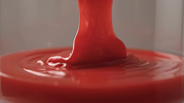 Thick red viscous liquid slowly pouring onto flat white surface, creating smooth ripples and pooling, representing a vibrant fluid movement, La Tomatina Festival Spain, last Wednesday