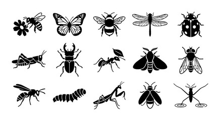 Black insect icons set, 15 bug vector silhouettes including butterfly and bee, garden pest and pollinator collection for educational design © Asset Aura