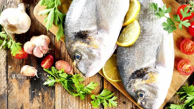 Fresh raw sea bream fish with lemon slices and garlic on cutting board