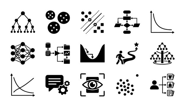 Machine learning icons set, artificial intelligence and data science vector symbols, neural network and algorithm diagrams for technology presentations