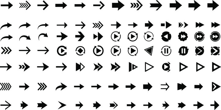 Mega arrow and media player button silhouette collection featuring direction pointers refresh loops and fast forward symbols isolated on white background