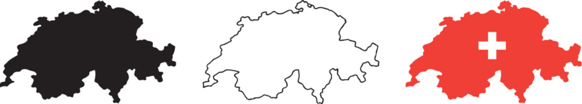 Switzerland Map with National Flag, Solid and Cantonal Border Styles, Swiss Country Geography and Travel Vector Illustration