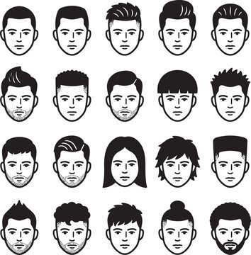 Diverse Human Face Hairstyle Icon Set in Minimalist Line Art Vector Style, Generative Ai