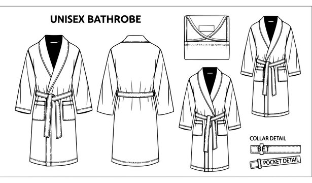 Unisex Terry Cloth Bathrobe Technical Drawing Template with Fashion Flat Sketch Details
