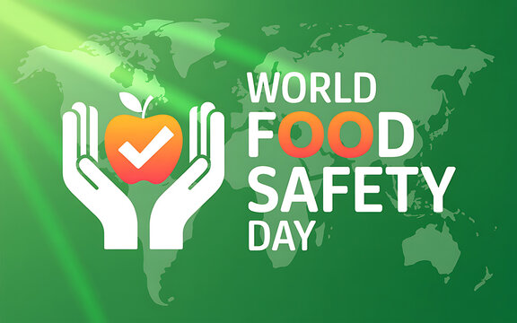 World food safety day poster with hands holding an apple with a checkmark on a green world map background