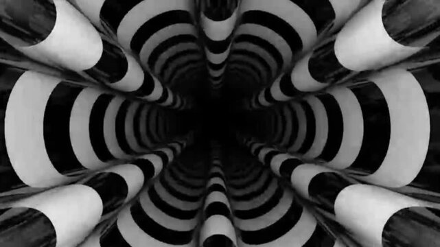 An abstract tunnel visualization with a black and white striped pattern. This 3D geometric design moves dynamically and undulates, creating a hypnotic, surreal, and profound optical illusion effect.