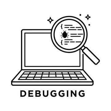 Laptop With Magnifying Glass And Bug Icon Black Line Illustration