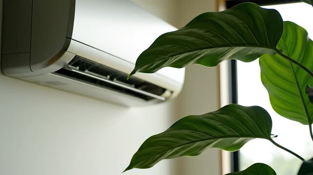 Modern wall mounted air conditioner unit in a bright minimalist interior with lush green tropical plant leaves