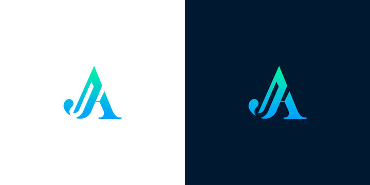 Abstract modern letter JA logo design template for corporate identity branding with cyan and blue gradient isolated on white and black background