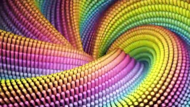An interactive kinetic vortex in the shape of a spiral tunnel. This animation is created from thousands of small 3D cylindrical elements tightly arranged to form a vibrant rainbow gradient.
