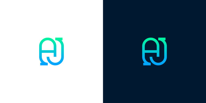 Modern abstract AJ letter logo design with blue and green gradient, minimal JA monogram vector icon