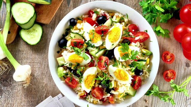 Mediterranean rice salad with boiled eggs and fresh vegetables on rustic wooden background