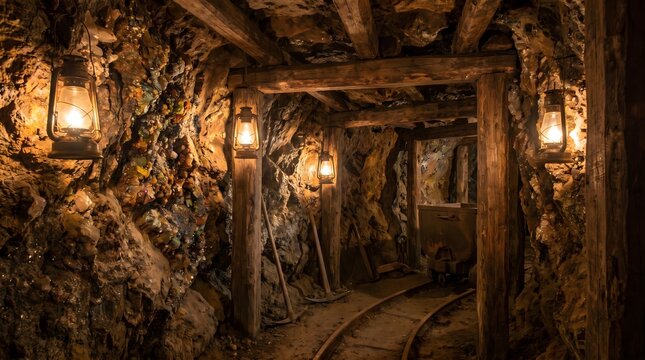 Dark Underground Mine Shaft Illuminated by Vintage Lanterns