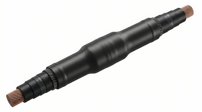 Black electrical wire splice connector with exposed copper metal cable ends.